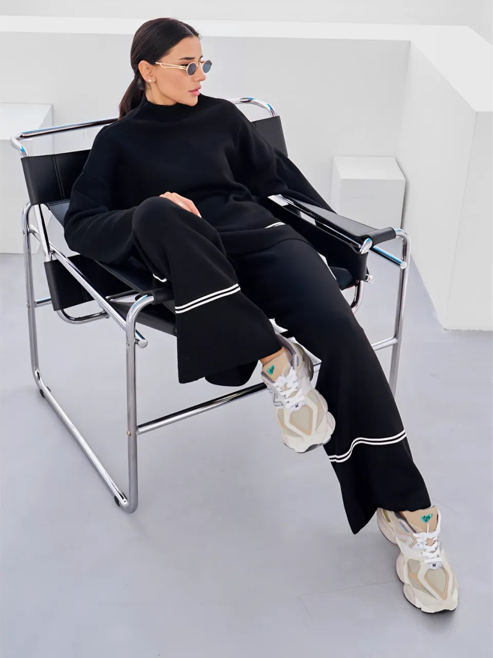 Knit Set with Turtleneck Mullet Sweater and Pants