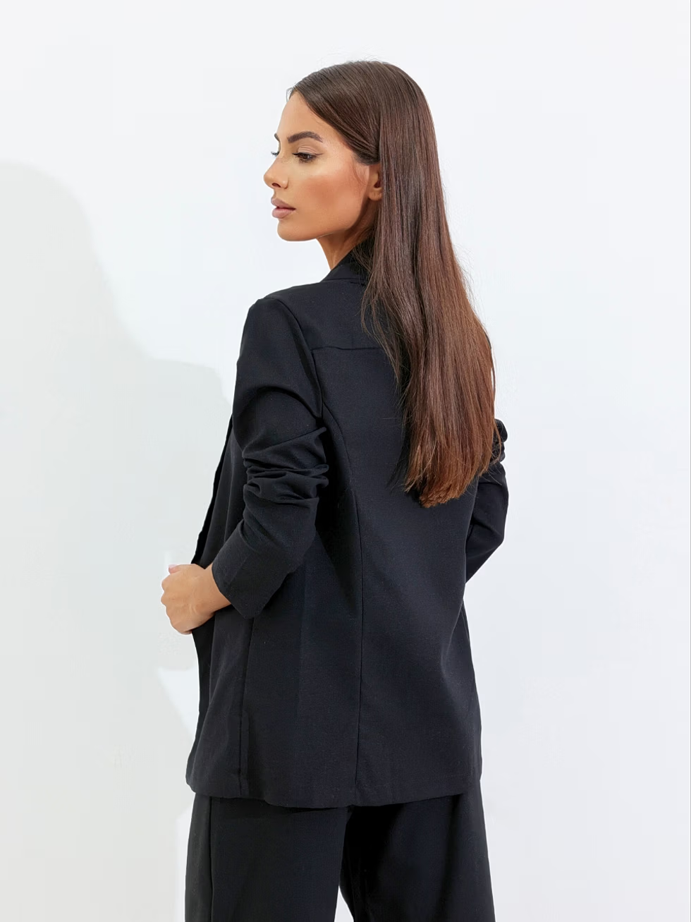 Women's Black Linen Long Blazer - Camila Areia